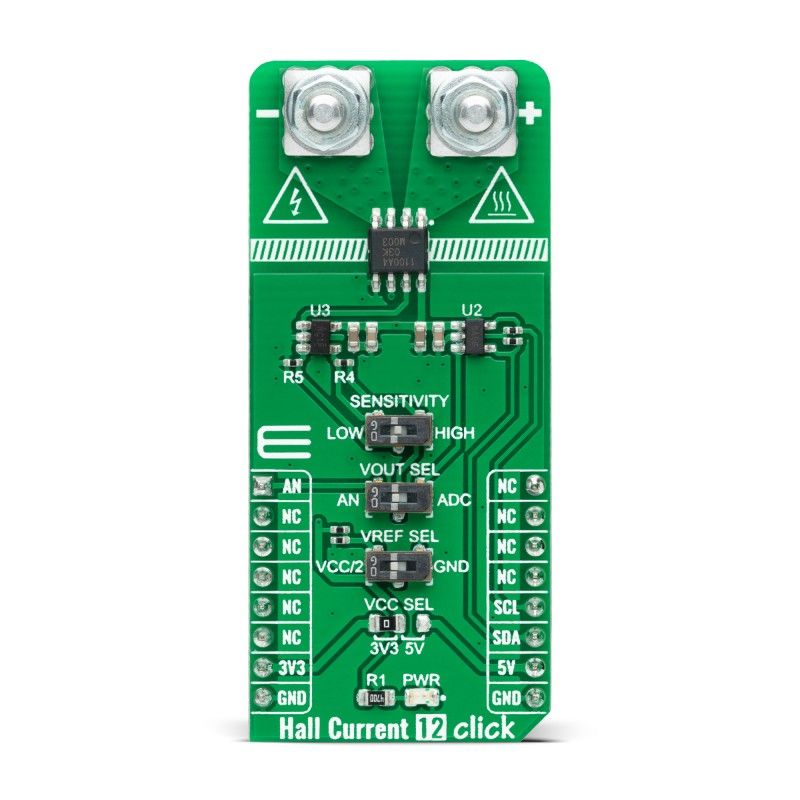 MikroElektronika Hall Current 12 Click Hall Effect Sensor Add On Board for TMCS1100A4, MCP3221, LMV321 mikroBUS Socket