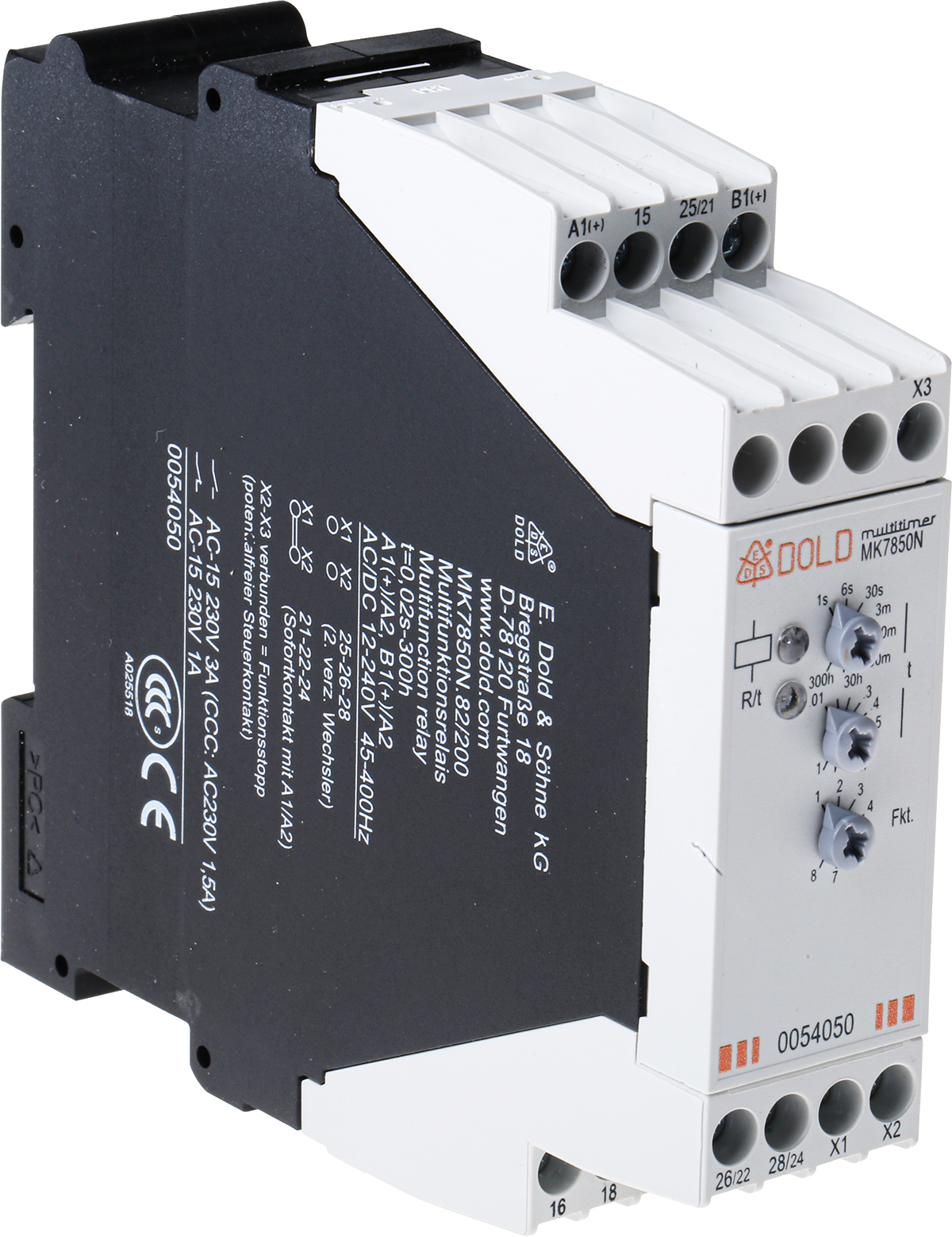 Dold MK 7850N Series DIN Rail Timer Relay, 2-Contact, 12 to 240 V dc 12V ac, 240 V ac, 0.06 to 30 s, 0.03 to 300 min, 3
