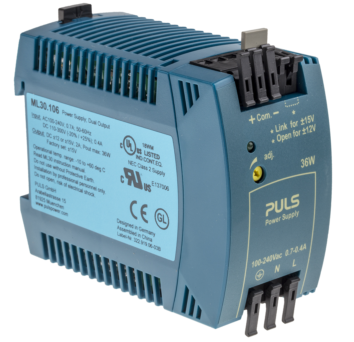 PULS MiniLine MLY Switched Mode DIN Rail Power Supply 240V ac AC Input 15V dc, 1.5 A Output DC 36 W