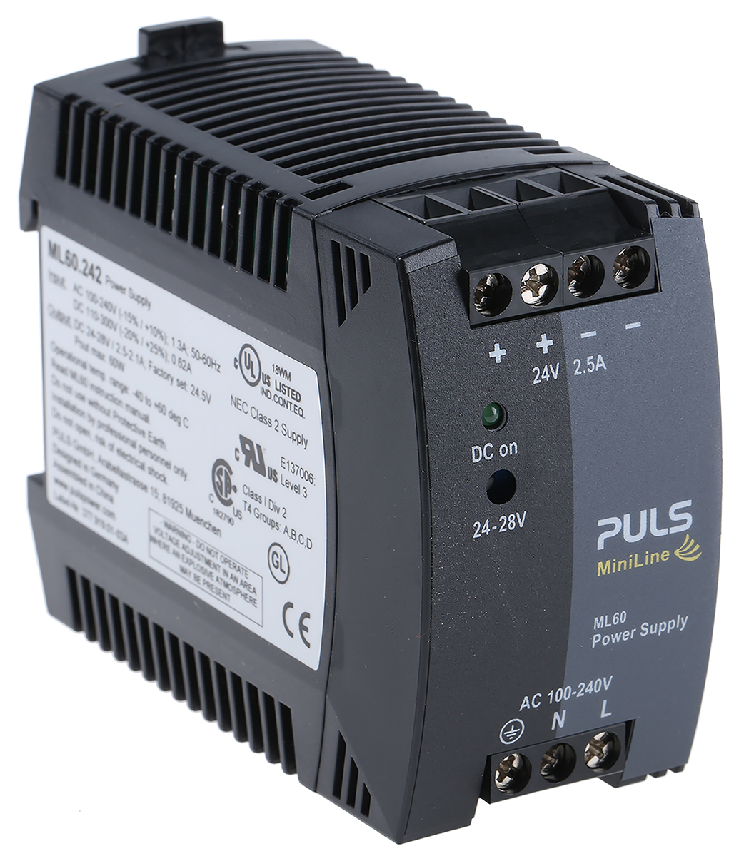 PULS MiniLine Switched Mode DIN Rail Power Supply 240V ac AC Input 28V dc, 2.5 A Output DC 60 W
