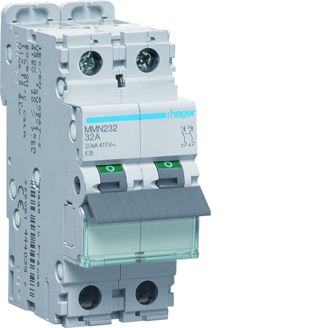 Hager MMN MMN Miniature Circuit Breaker, 2-Pole, 32A, Magnetic, 415V ac AC, 20 kA Breaking Capacity