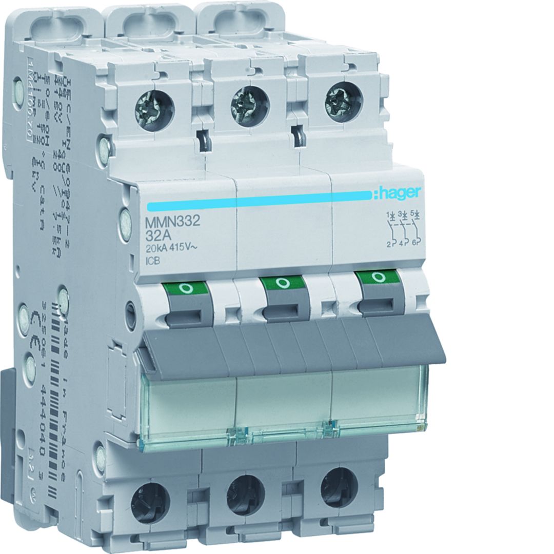 Hager MMN MMN Circuit Breaker, 3-Pole, 32A, Type AC, 415V ac AC, 20 kA Breaking Capacity