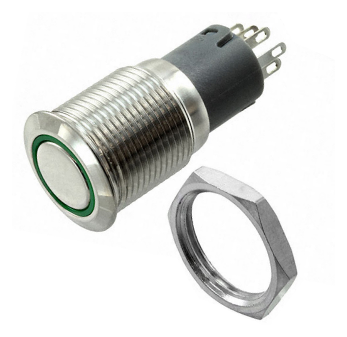 Bulgin MP0045 Series Illuminated Push Button Switch, Momentary, Panel, 16.2 mm Cutout, DPDT, Green LED 250 V ac