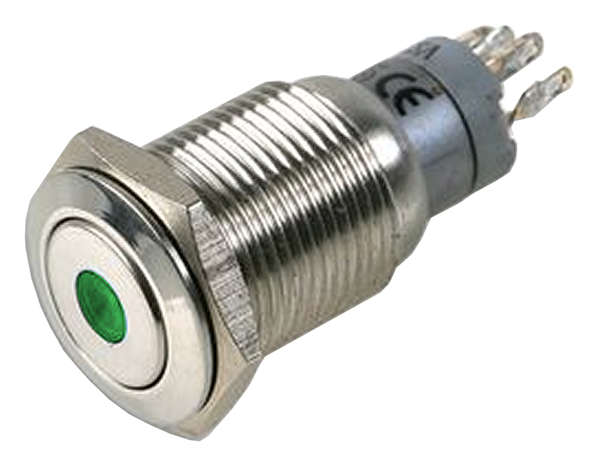 Bulgin MP0045 Series Illuminated Push Button Switch, Latching, Panel, 16.2 mm Cutout, DPDT, Green LED