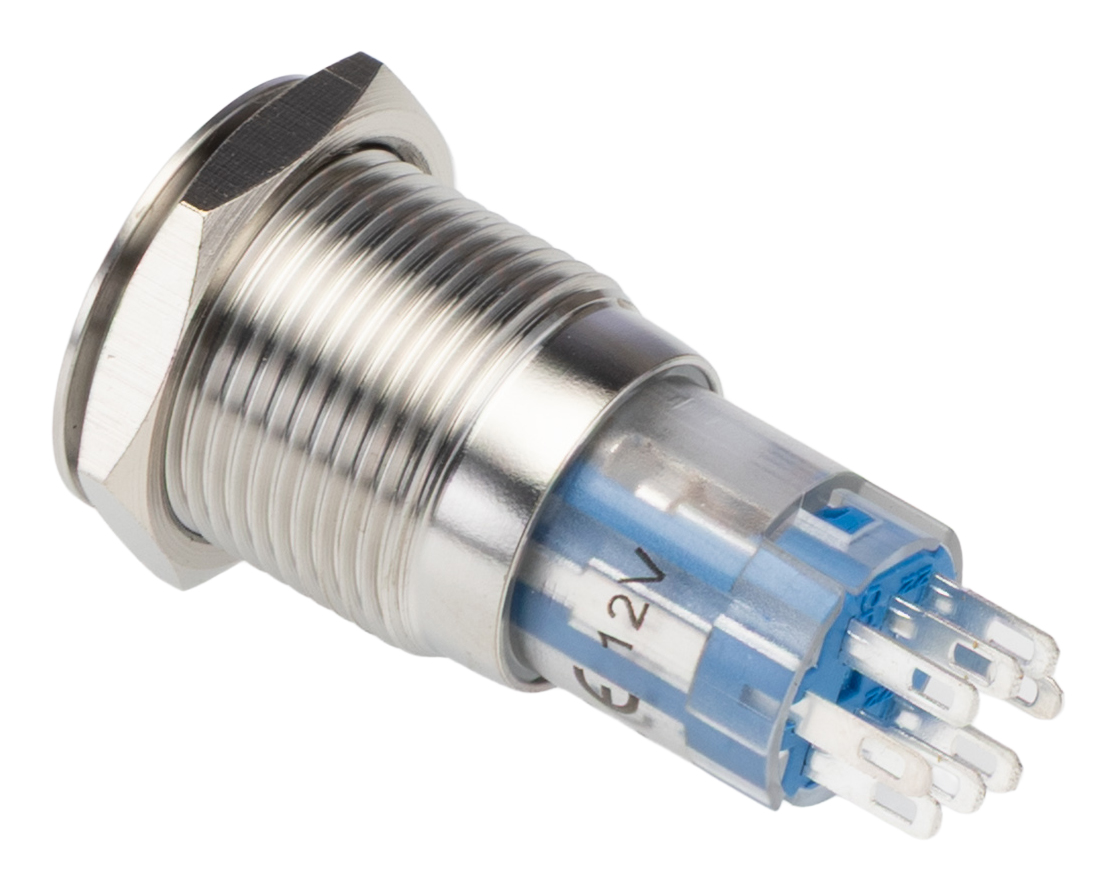 mp00451e2bl012 Bulgin MP0045 Series Illuminated Push Button Switch, Latching, Panel, 16.2 mm Cutout, DPDT, Blue LED