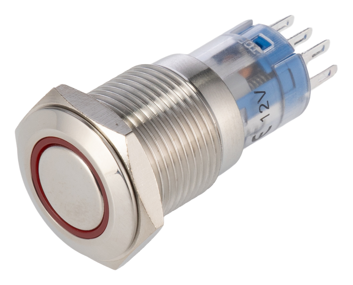 Bulgin MP0045 Series Illuminated Push Button Switch, Latching, Panel, 16.2 mm Cutout, DPDT, Red LED 250 V ac