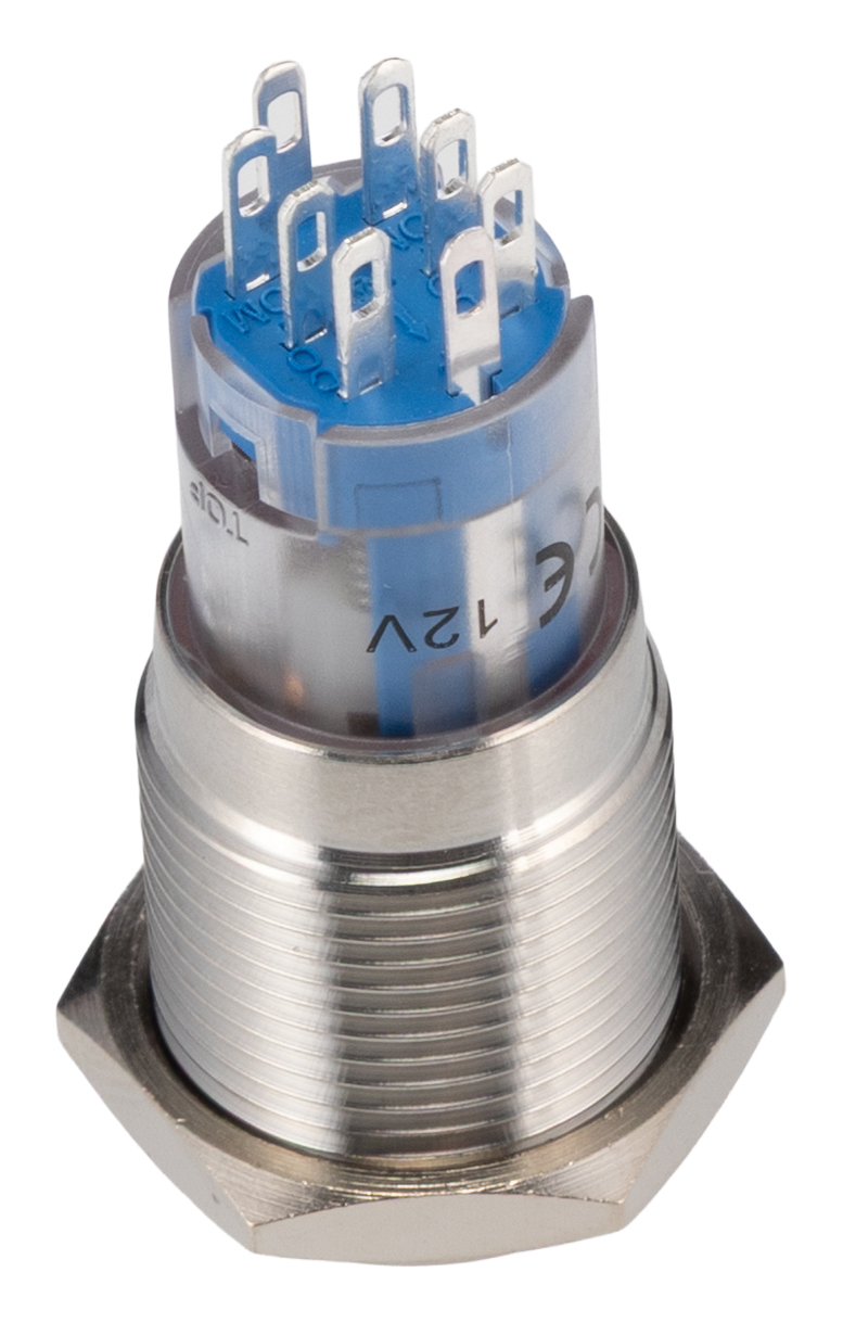 mp00451e2rd012 Bulgin MP0045 Series Illuminated Push Button Switch, Latching, Panel, 16.2 mm Cutout, DPDT, Red LED 250 V ac