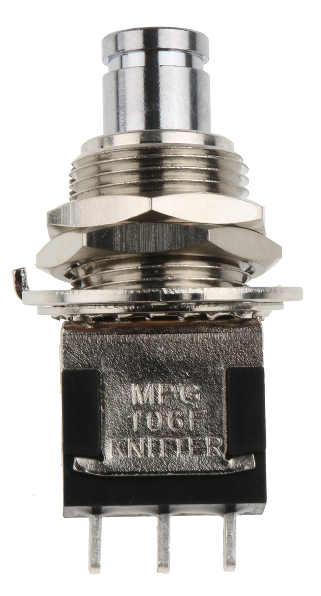 mpg-106-f KNITTER-SWITCH MPG Series Push Button Switch, Momentary, Panel, 12.5 mm Cutout, SPDT, White LED, IP67 250 V ac