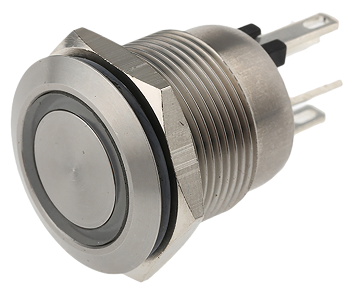 Bulgin MPI002 Series Illuminated Push Button Switch, Momentary, Panel, 19.2 mm Cutout, SPST, Blue, Red LED, IP66, 24 V