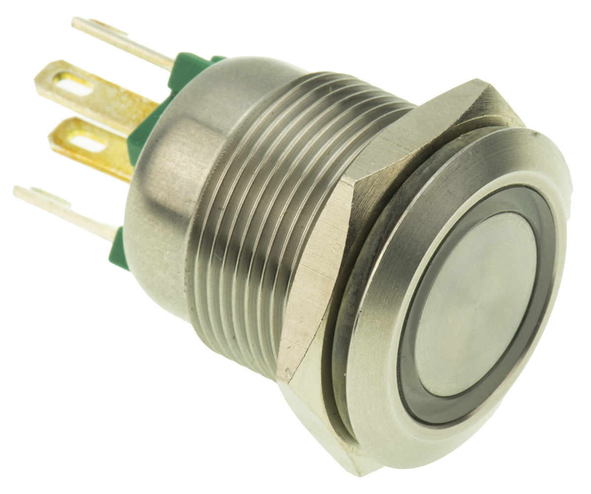 Bulgin MPI002 Series Illuminated Push Button Switch, Momentary, Panel, 19.2 mm Cutout, SPST, Green LED, IP66, 24 V dc