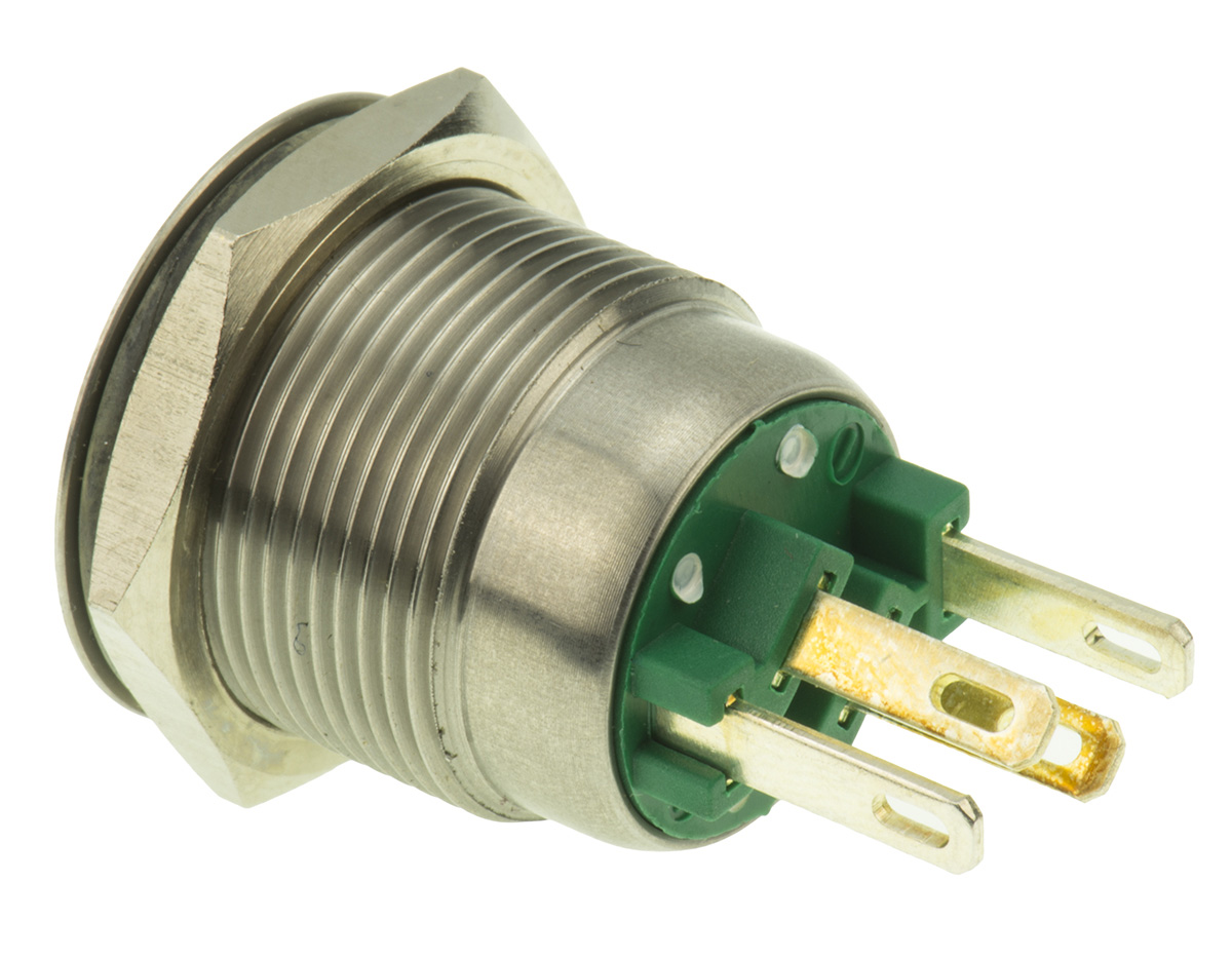 mpi00228gn Bulgin MPI002 Series Illuminated Push Button Switch, Momentary, Panel, 19.2 mm Cutout, SPST, Green LED, IP66, 24 V dc