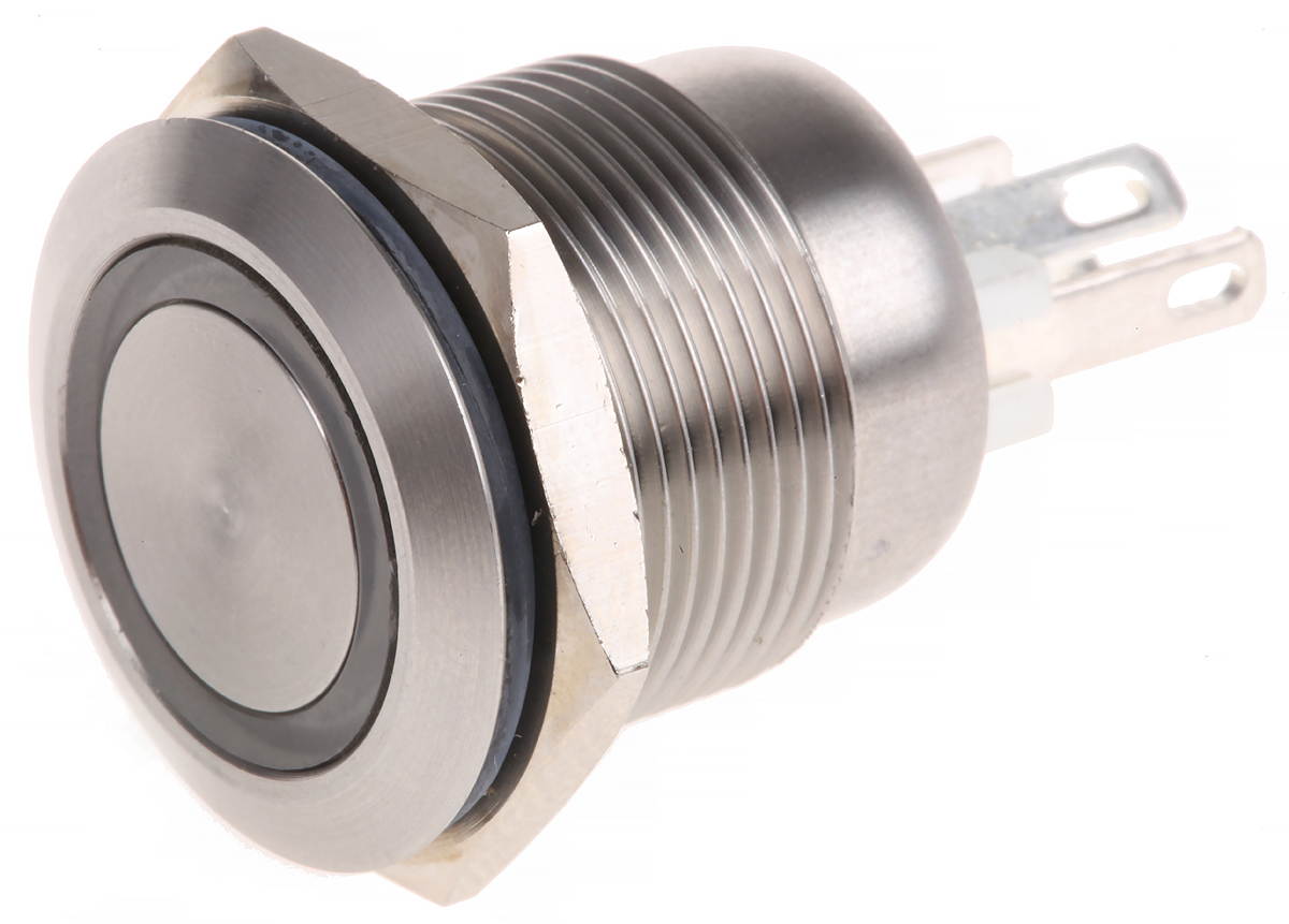 Bulgin MPI002 Series Illuminated Push Button Switch, Momentary, Panel, 19.2 mm Cutout, SPST, White LED, IP66, 24 V dc