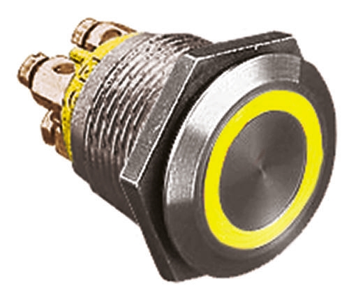 Bulgin MPI002 Series Illuminated Push Button Switch, Momentary, Panel, 19.2 mm Cutout, SPST, Amber LED, IP66, 24 V dc