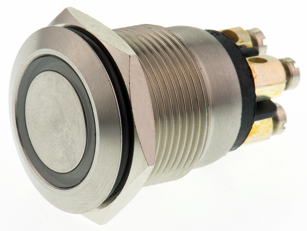 Bulgin MPI002 Series Illuminated Push Button Switch, Momentary, Panel, 19.2 mm Cutout, SPST, Green, Red LED, IP66, 24 V