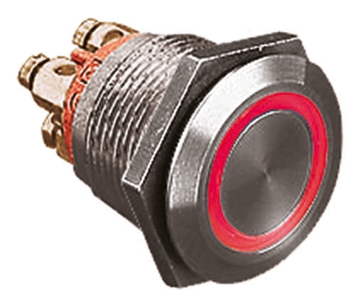Bulgin MPI002 Series Illuminated Push Button Switch, Momentary, Panel, 19.2 mm Cutout, SPST, Blue, Red LED, IP66, 24 V
