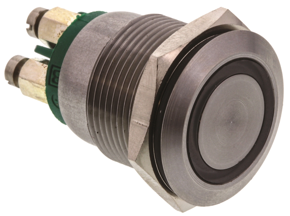 Bulgin MPI002 Series Illuminated Push Button Switch, Momentary, Panel, 19.2 mm Cutout, SPST, Green LED, IP40, 24 V dc