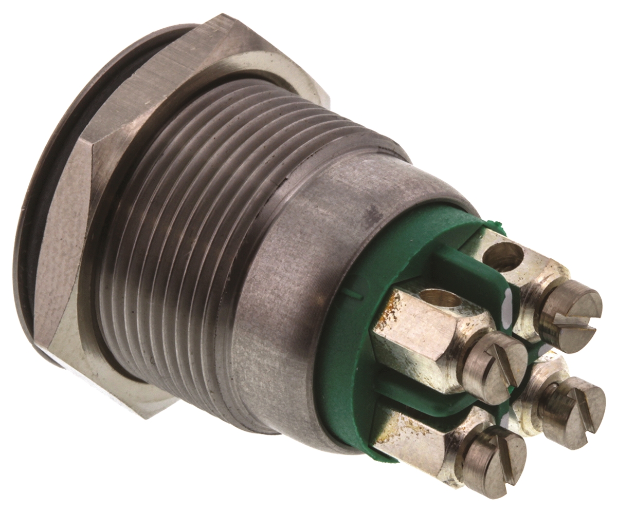 mpi002termgn Bulgin MPI002 Series Illuminated Push Button Switch, Momentary, Panel, 19.2 mm Cutout, SPST, Green LED, IP40, 24 V dc