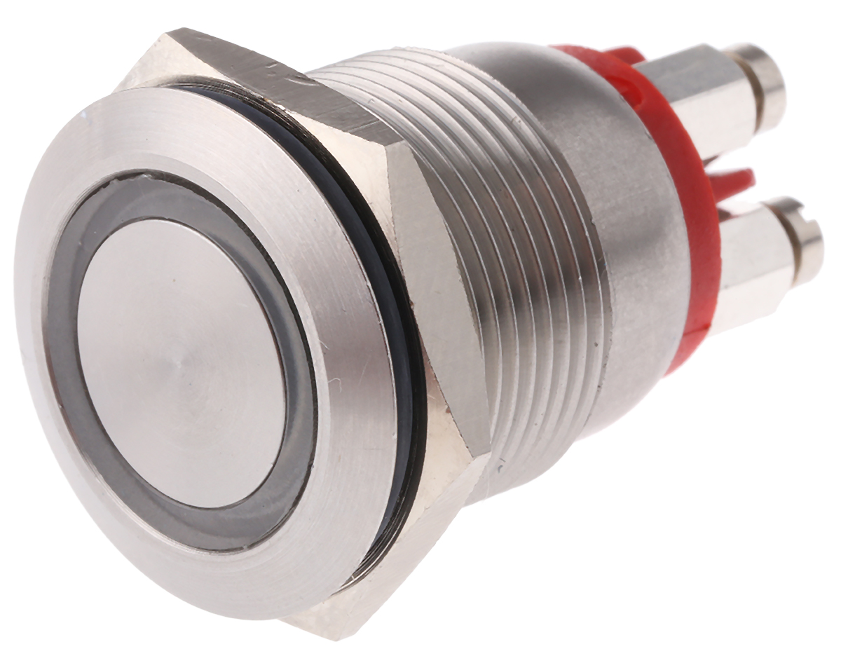 Bulgin MPI002 Series Illuminated Push Button Switch, Momentary, Panel, 19.2 mm Cutout, SPST, Red LED, IP66, 24 V dc