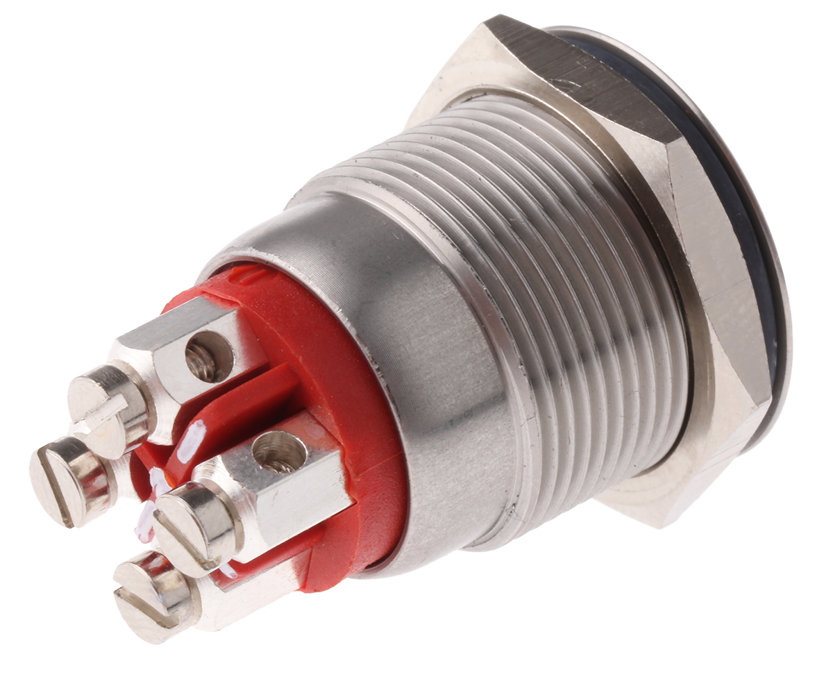 mpi002termrd Bulgin MPI002 Series Illuminated Push Button Switch, Momentary, Panel, 19.2 mm Cutout, SPST, Red LED, IP66, 24 V dc
