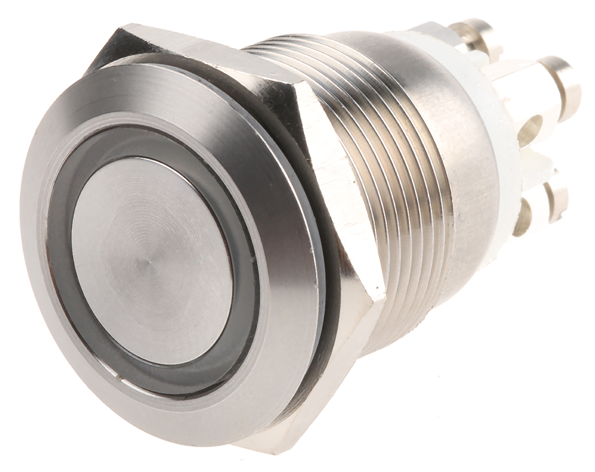 Bulgin MPI002 Series Illuminated Push Button Switch, Momentary, Panel, 19.2 mm Cutout, SPST, White LED, IP66, 24 V dc