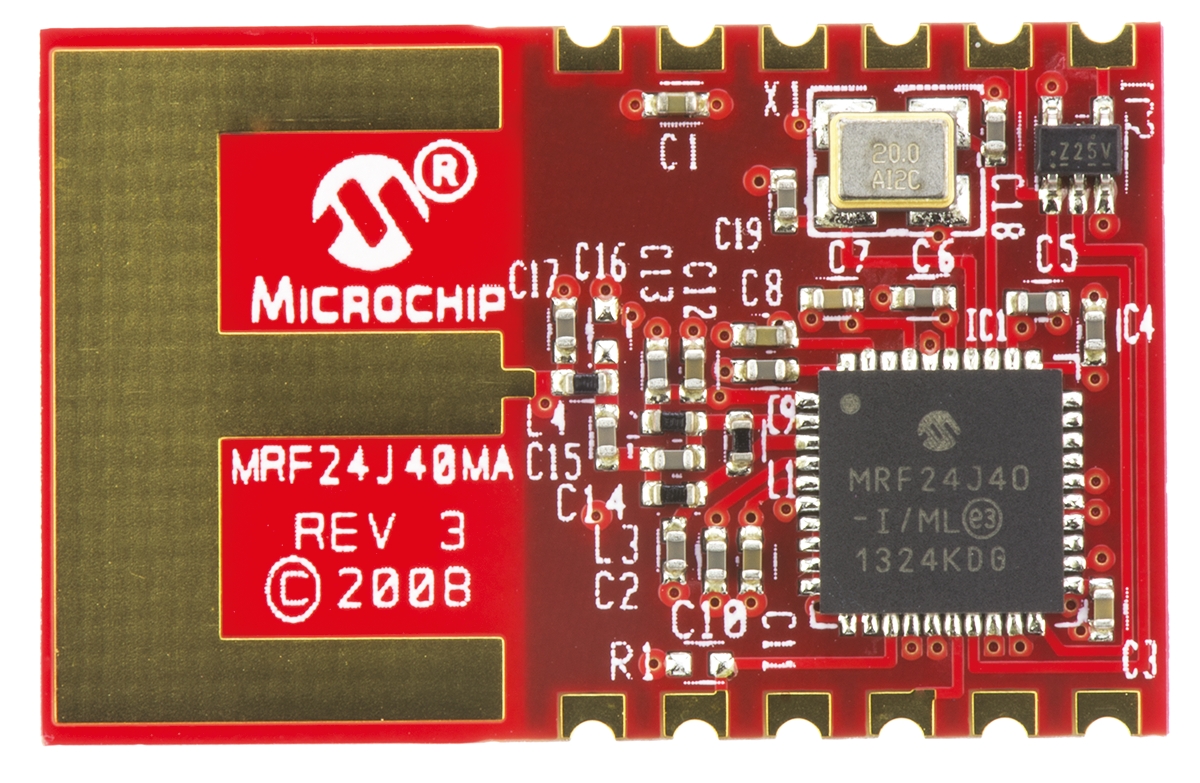 mrf24j40ma-irm Microchip MRF24J40MA-I/RM ZigBee Transceiver, 12-Pin Module