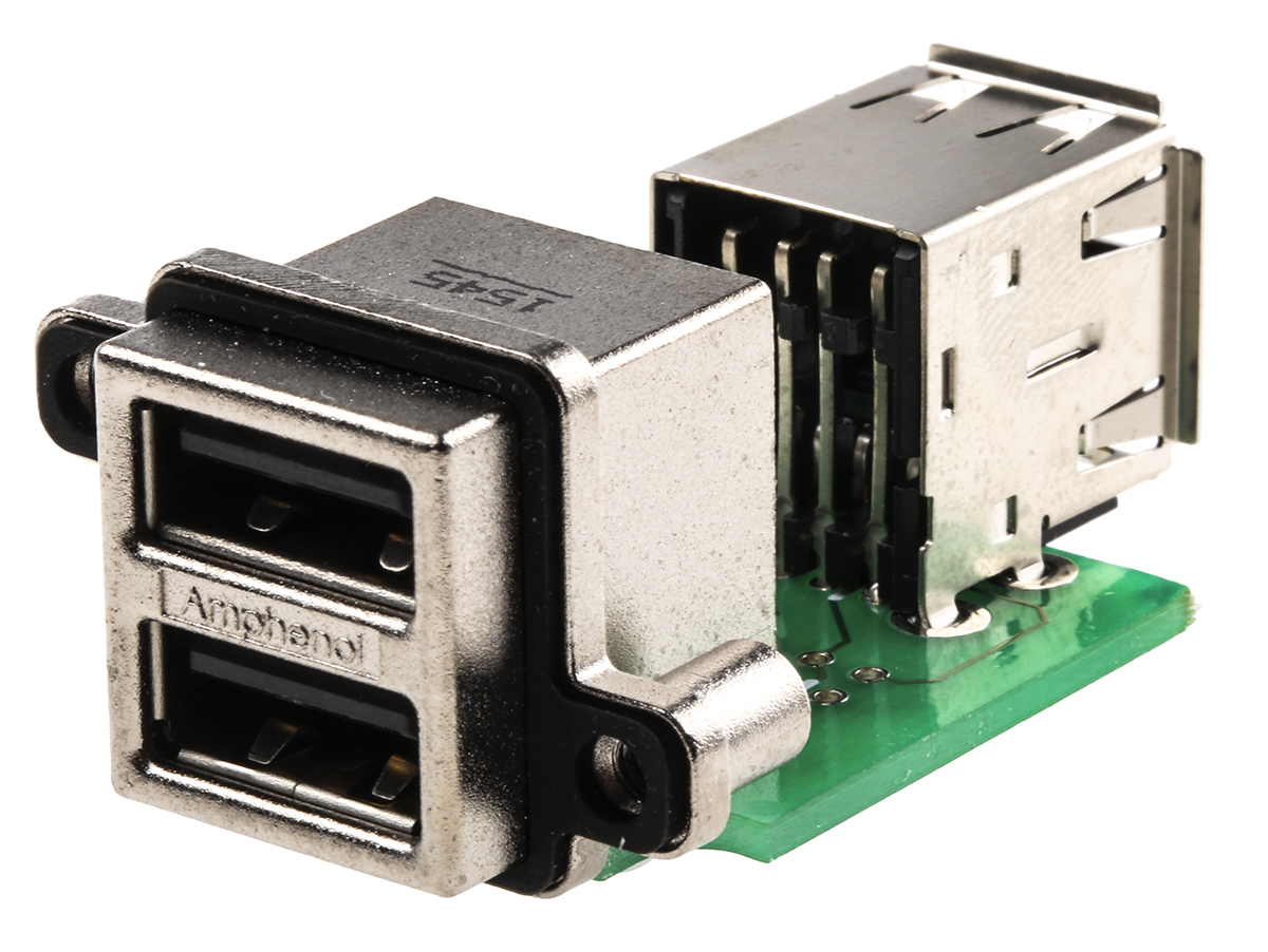Amphenol Communications Solutions Right Angle, Through Hole Female- 2 Port Type USB Type A IP67 USB Connector USB 2.0