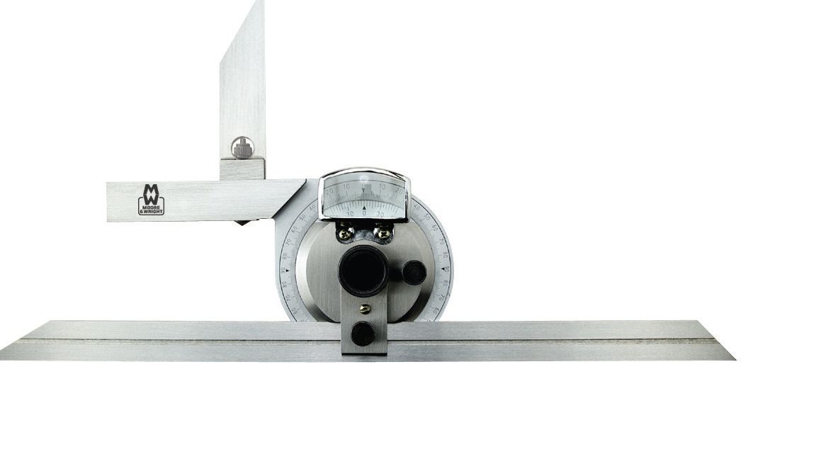 Moore & Wright Vernier Degree, inch, Metric Bevel Angle Protractor, 500 mm Stainless Steel Blade