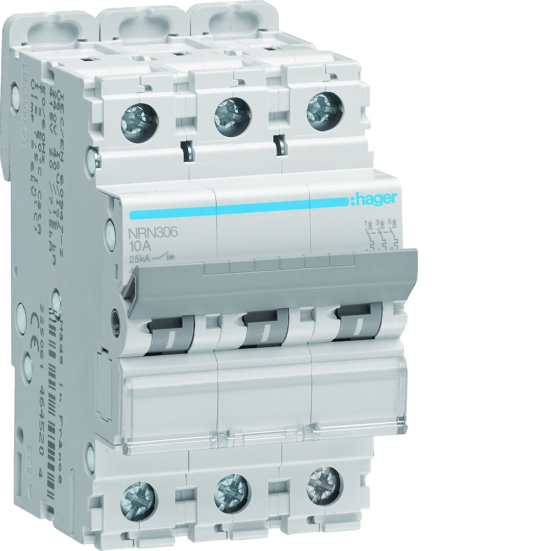 Hager NRN NRN Miniature Circuit Breaker, 3-Pole, 6A, Type C, 415V ac AC, 25 kA Breaking Capacity