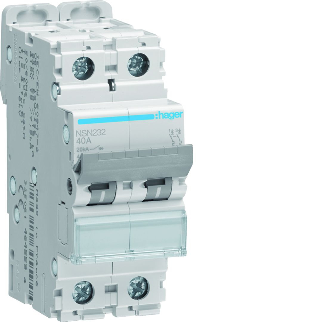 Hager NSN NSN Miniature Circuit Breaker, 2-Pole, 32A, Type D, 415V ac AC, 20 kA Breaking Capacity