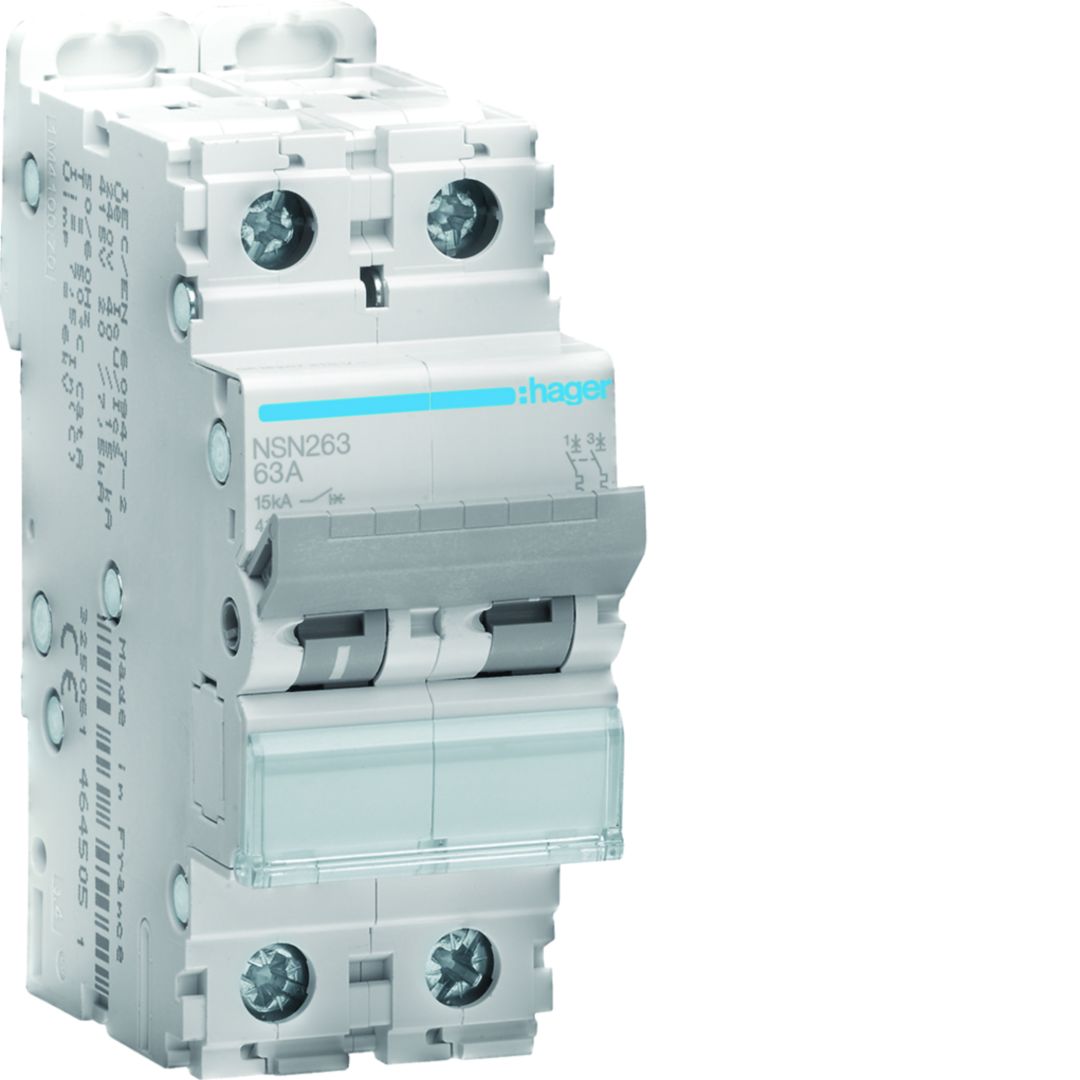 Hager NSN NSN Miniature Circuit Breaker, 2-Pole, 63A, Type D, 415V ac AC, 15 kA Breaking Capacity