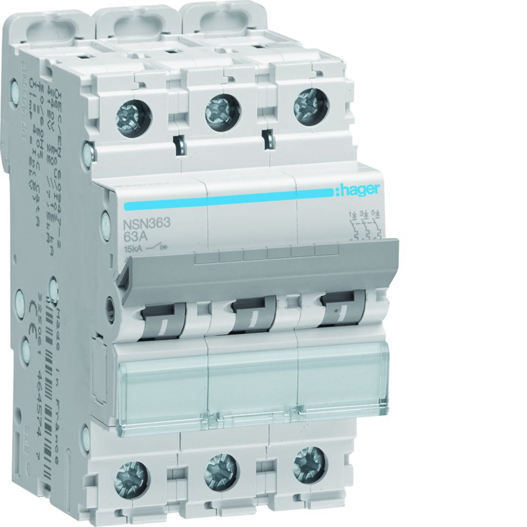Hager NSN NSN Miniature Circuit Breaker, 3-Pole, 63A, Type D, 415V ac AC, 15 kA Breaking Capacity