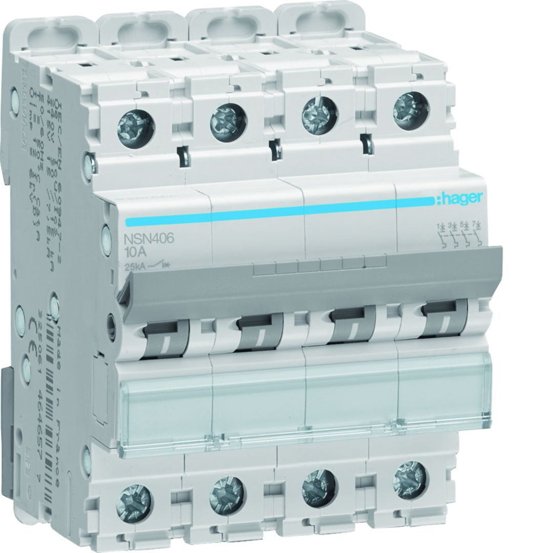 Hager NSN NSN Miniature Circuit Breaker, 4-Pole, 6A, Type D, 415V ac AC, 25 kA Breaking Capacity