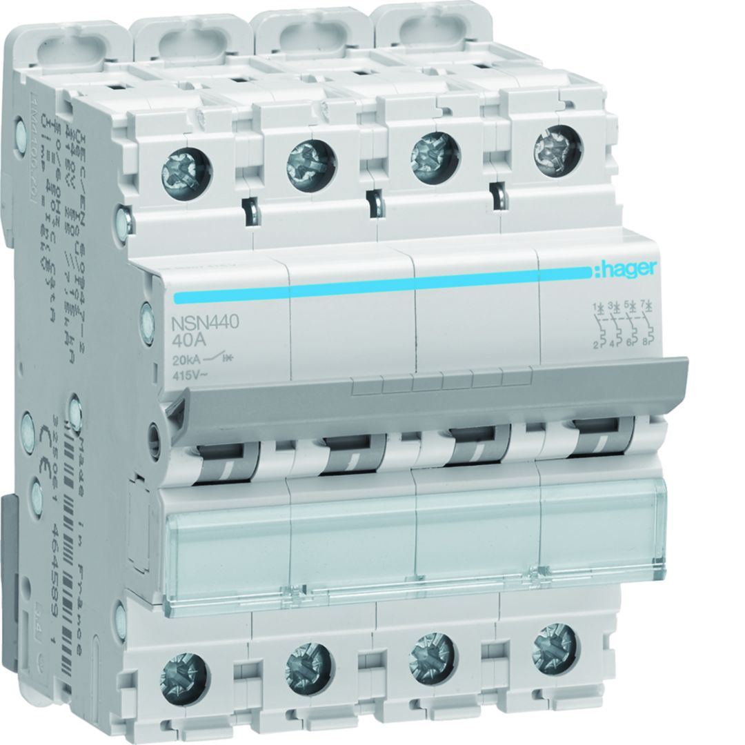 Hager NSN NSN Miniature Circuit Breaker, 4-Pole, 40A, Type D, 415V ac AC, 20 kA Breaking Capacity