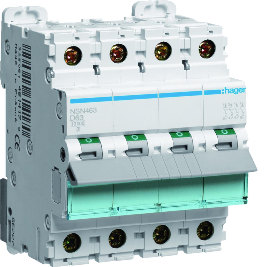 Hager NSN NSN Circuit Breaker, 4-Pole, 63A, Type D, 415V ac AC, 15 kA Breaking Capacity
