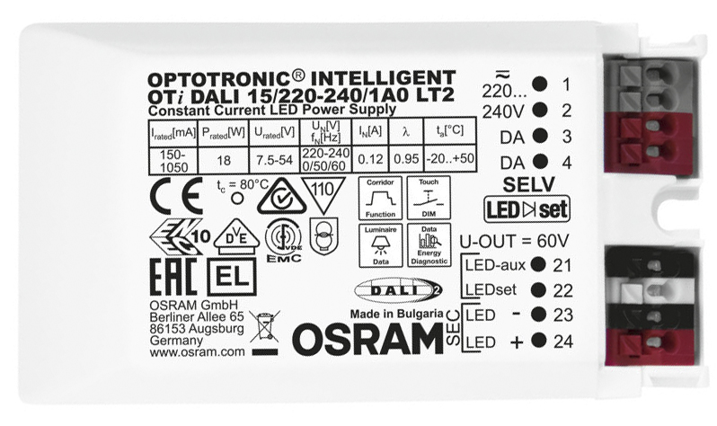 Osram LED Driver, 15V, 50 V Output, 18 W Output, 1050mA DALI