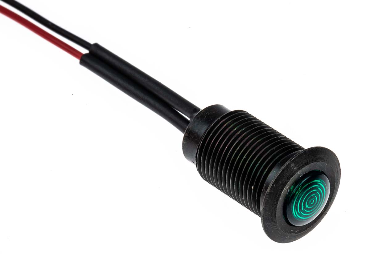 oxlclh100230fl30gn Oxley OXL/CLH/100 Series Series, Green Panel Mount Indicator, Flying Lead Termination 230V ac 2.5 mA, IP66, 10.2 mm