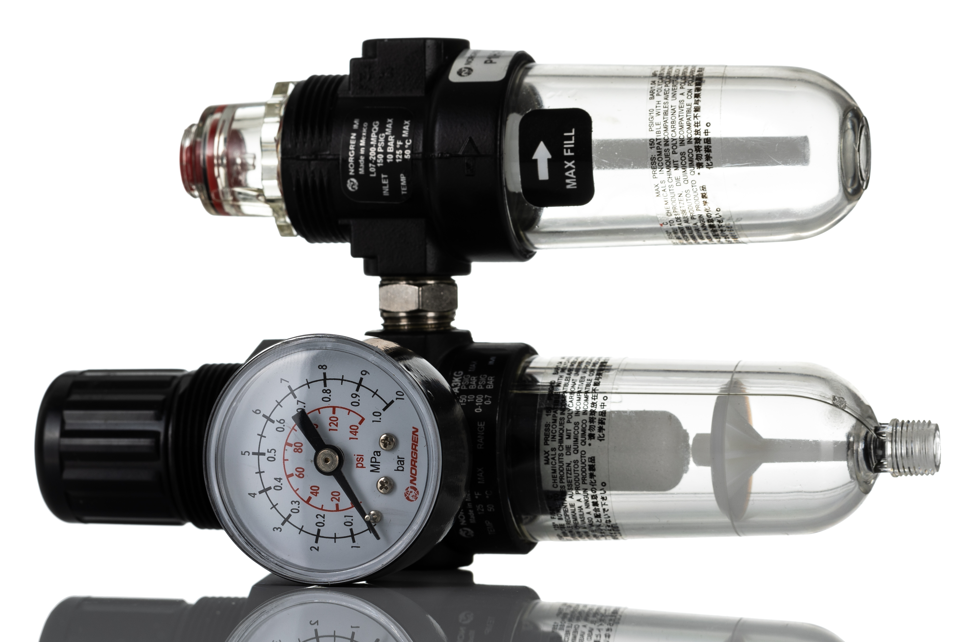 Norgren 1/4 in G Filter Regulator Lubricator, Automatic Drain, 40 μm Filtration Size Integrated Pressure Gauge