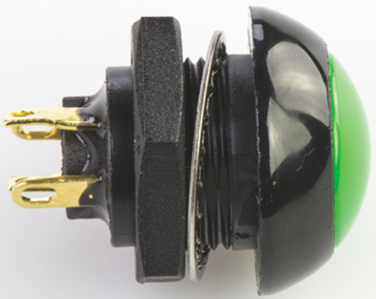 p9-113125 Otto P9 Series Push Button Switch, Momentary, Panel, 0.5 x 0.5 in Cutout, DPDT, Green LED, IP68, 28 V dc 115 V ac