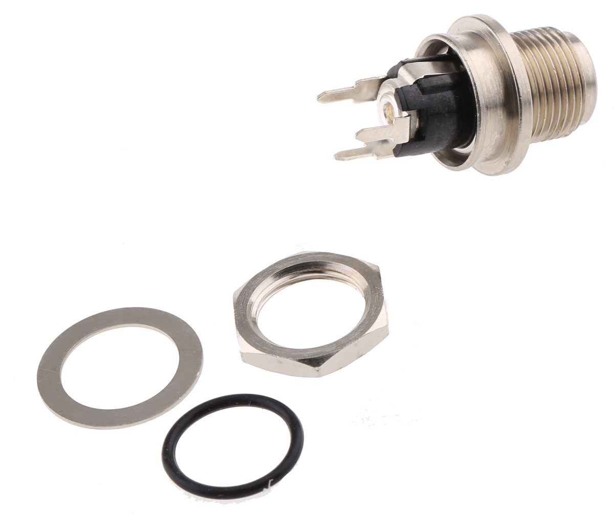 Switchcraft, L Version Straight DC Socket 5A, 12.0V, PCB, length 27.0 mm, Silver, IP68