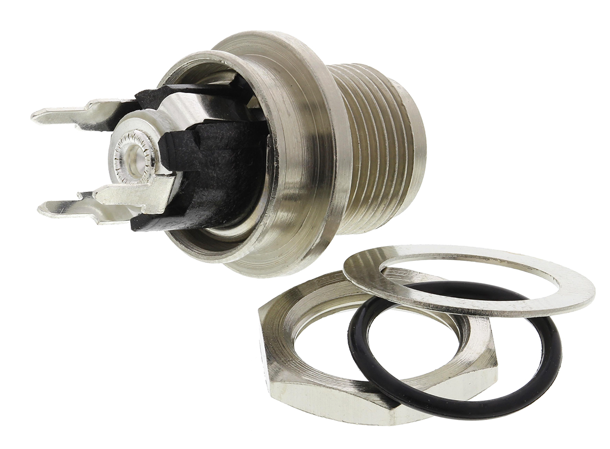 Switchcraft, L Version Straight DC Socket 5A, 12.0V, PCB, length 21.0 mm, Silver, IP68
