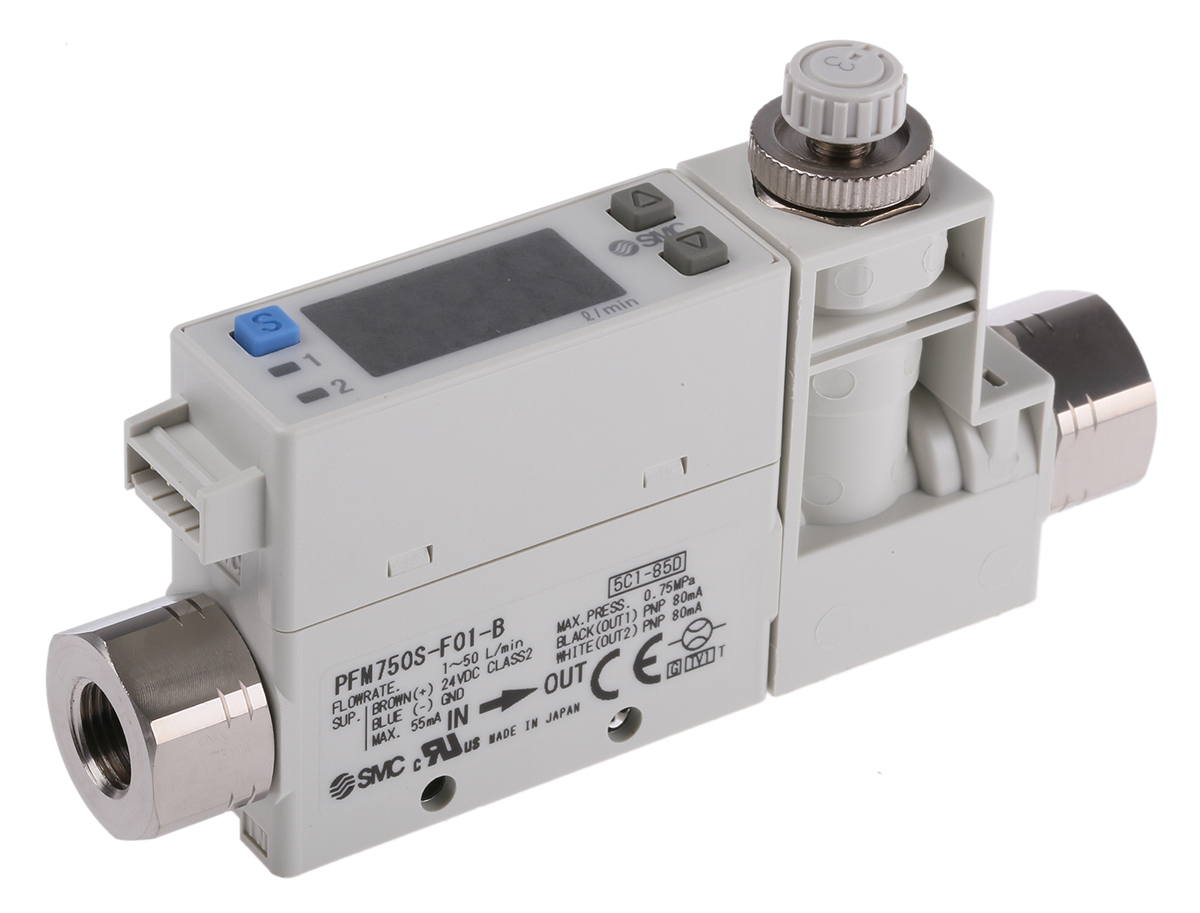SMC PFM750 Series, Compact Flow Controller, 50 L/min, PNP Output, 0.125 in Pipe 24 V dc