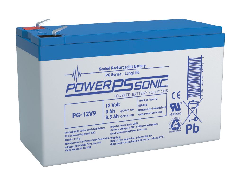 Power Sonic 12 V, Faston F2 Sealed Lead Acid Battery, 9.00 Ah, 28mm x 3.68 in x 2.56 in