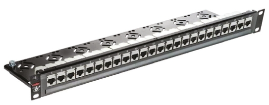 Molex Premise Networks PowerCat Series 24 Port IDC RJ Patch Panel STP 1 U Overlay: Grey, Powdercoat: Black