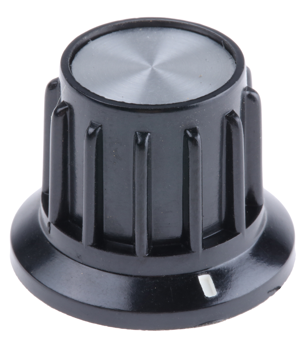 TE Connectivity 24.9 mm Knob Diameter Black Potentiometer Knob for 6.35 mm Shaft Circular, PKA70B1/4