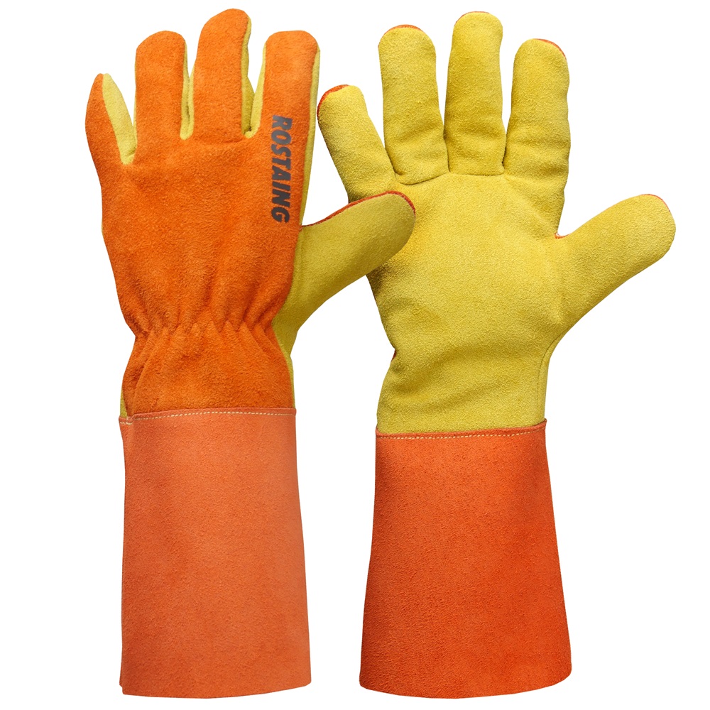 Rostaing PROTRI-1 Orange, Yellow Leather, Para Aramid Work Gloves, Size 10, Cotton Coating