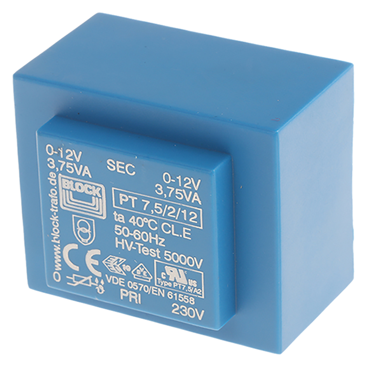 Block 12 V ac 2 Output Through Hole PCB Transformer, UL, VDE 7.5 VA