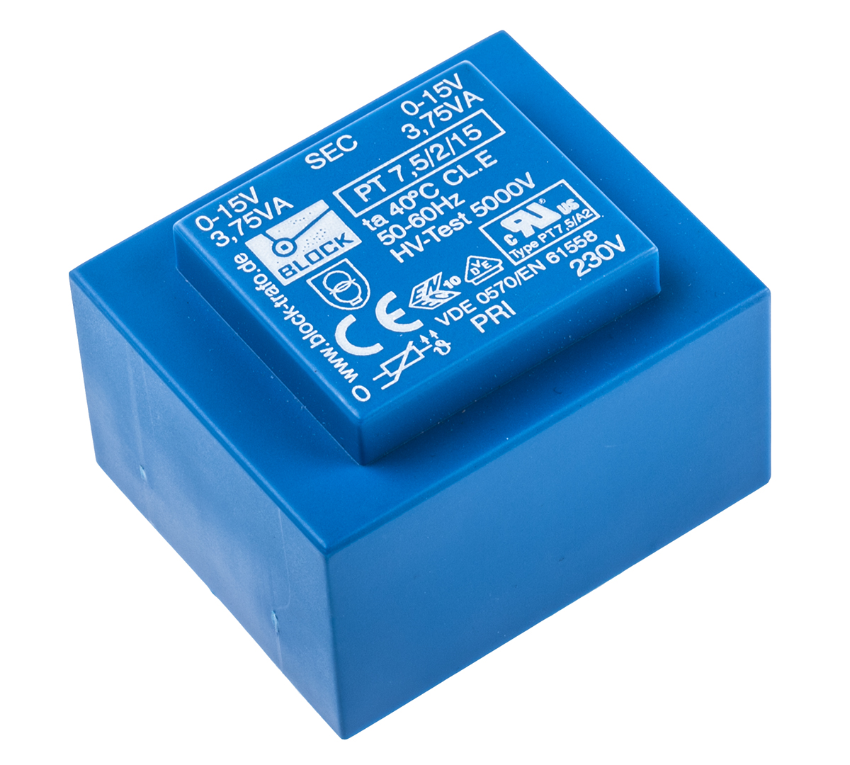 Block 15 V ac 2 Output Through Hole PCB Transformer, VDE, UL 7.5 VA