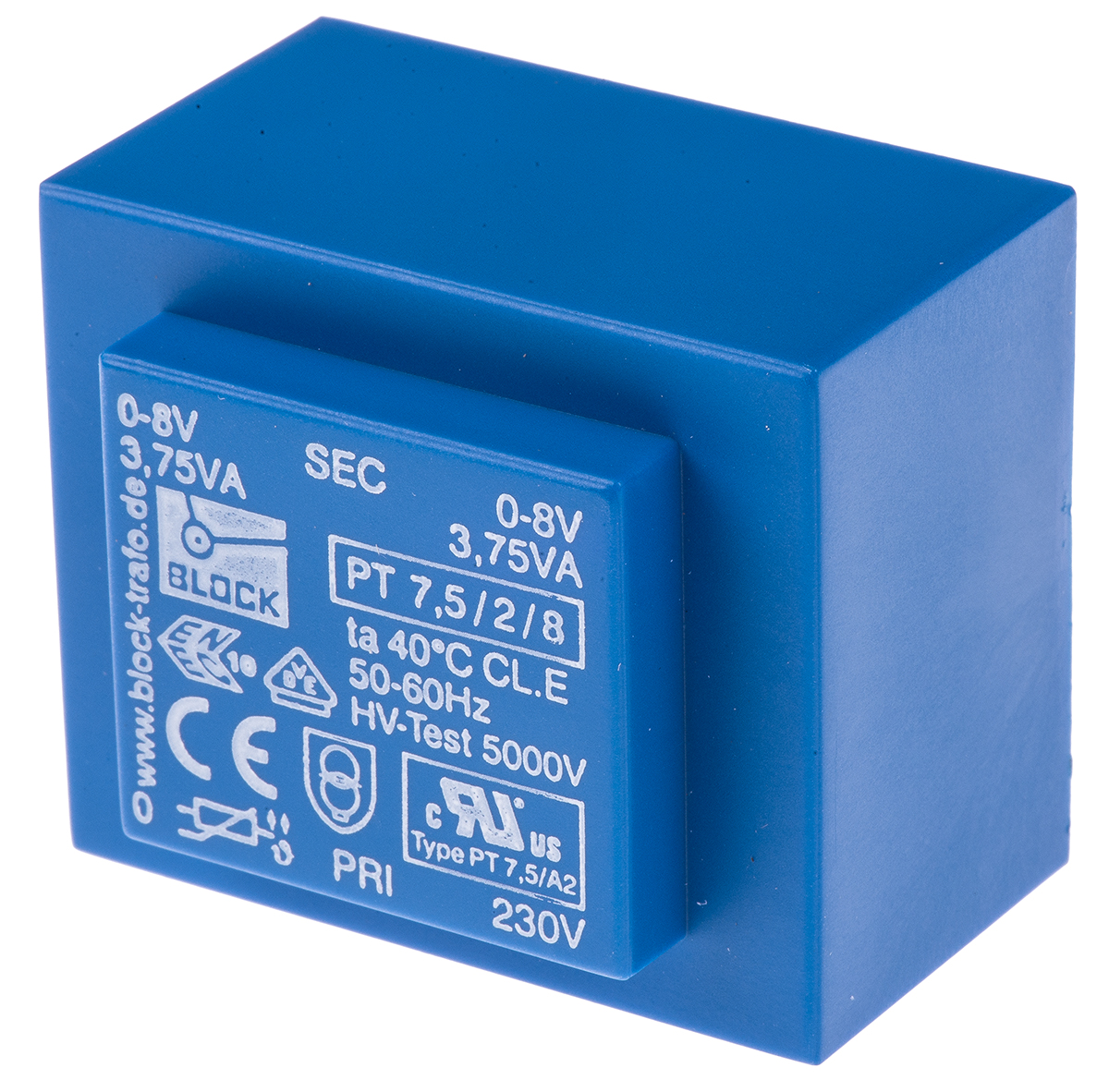 Block 8 V ac 2 Output Through Hole PCB Transformer, UL, VDE 7.5 VA