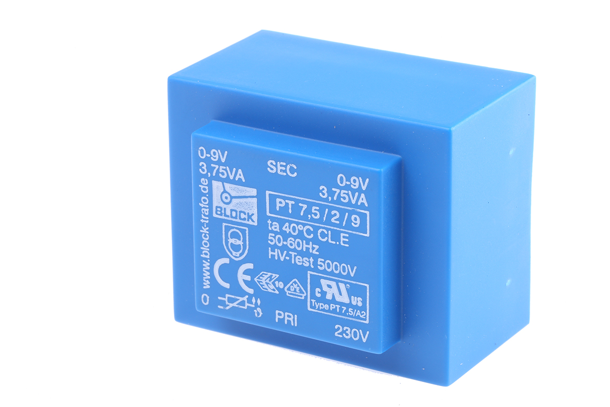 Block 9 V ac 2 Output Through Hole PCB Transformer, UL, VDE 7.5 VA