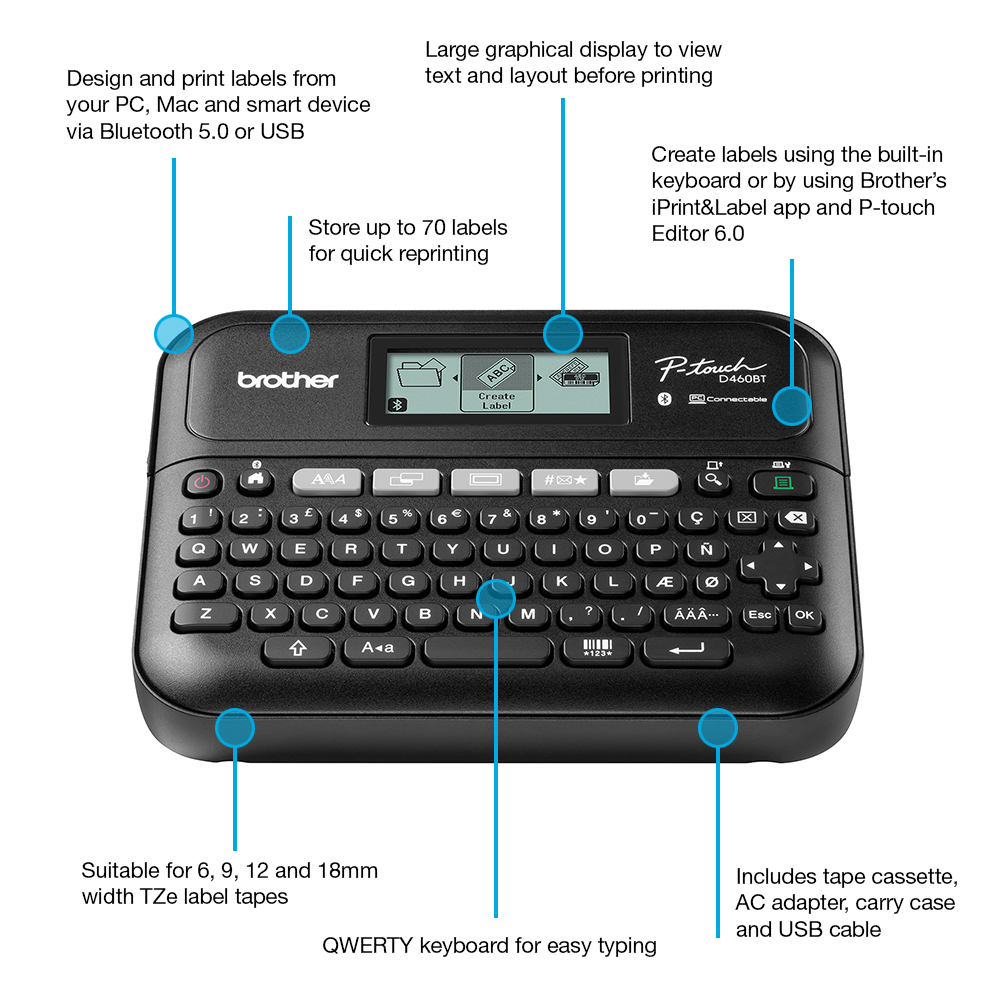 ptd460btvp Brother PTD460BTVP Label Printer, 18 mm Max Label Width
